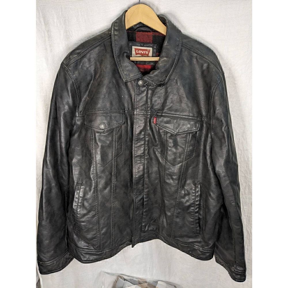 RARE Levi's Faux Leather Wool Blend Red Buffalo Plaid Lined Biker Jacket XL